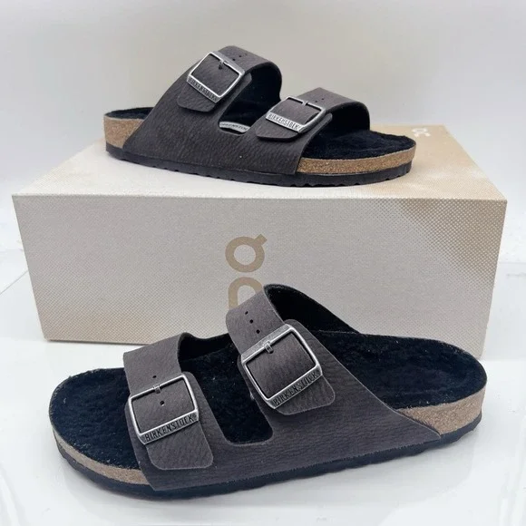 Birkenstock Arizona Shearling Synthetics Desert Dust Black Sandal Womens EU 41